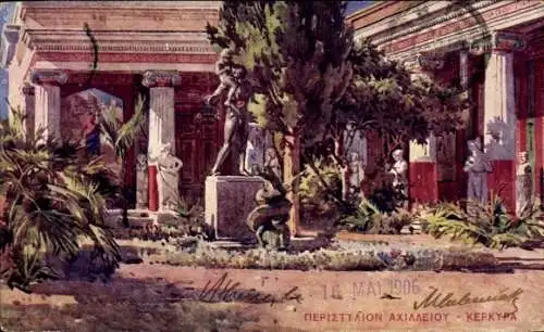 Ak Korfu Griechenland, Gartenansicht, Statue, Säulen, Palmen, klassizistische Architektur, Korfu