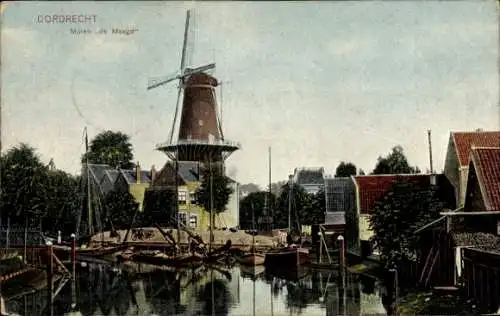 Ak Dordrecht Südholland Niederlande, Mühle de Maagd, Wasserweg, Häuser, Bäume, Boote