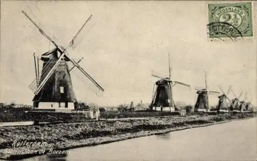 Ak Rotterdam Südholland Niederlande, Mühlenlandschaft, mehrere Windmühlen, Wasserweg