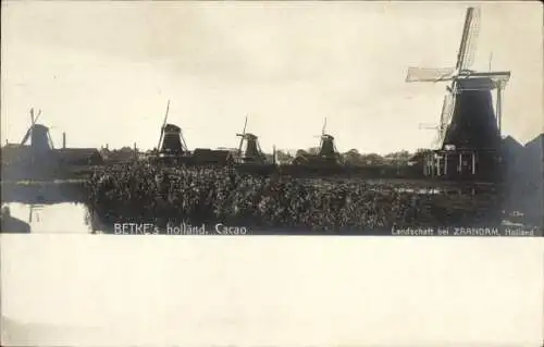 Ak Zaandam Zaanstad Nordholland, Windmühlen, Werbung, Kakao Betke