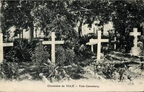 Ak Yule Island Papua Neuguinea,  Gräber mit Kreuzen, Pflanzen, ruhige Szenerie