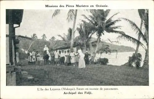 Ak Makogai Fidschi, Missions des Pères Maristes, Soeurs, Kindergruppe, Palmen