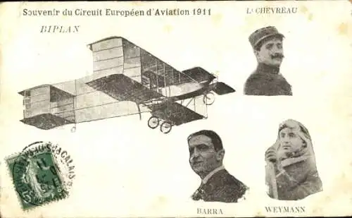 CPA Souvenir du Circuit Européen d'Aviation 1911, Biplan, Barra, Weymann, Chevreau