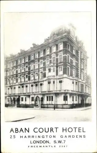 Ak South Kensington London England, ABAN COURT HOTEL, 25 HARRINGTON GARDENS, schwarz-weißes Ge...