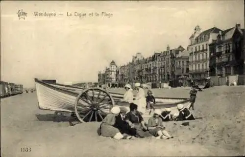 Ak Wenduine Wenduyne De Haan Westflandern, Strand, Boot, Menschen am Strand, Häuser im Hinterg...
