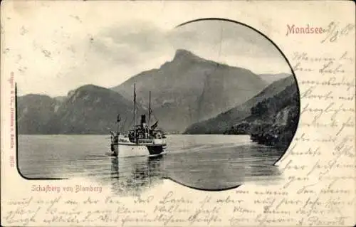 Ak Mondsee Oberösterreich, Schafberg von Blomberg, Boot auf dem Wasser, Gebirge, die Natur ist...