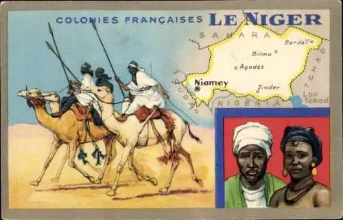 Ak Niamey Niger, Kamele, Reisende, Karte mit Map und Orten, Französische Kolonien