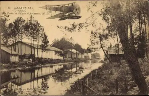 Ak Cazaux Lac Gironde, Kanal, Flugzeug, Flugschule