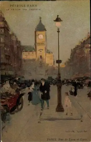 Künstler Ak Paris, Rue de Lyon, Bahnhof, Reklame Petrole Hahn, Tresor des Cheveux