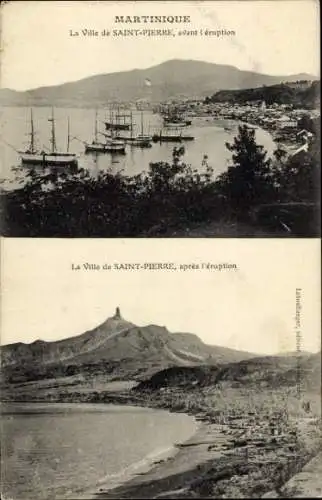 Ak Saint Pierre Martinique, Hafenansicht vor und nach der Eruption, zwei Fotografien
