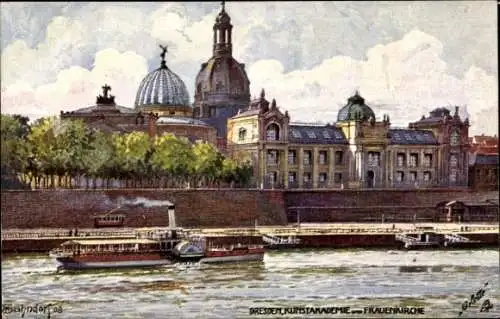 Ak Dresden Altstadt,  Kunstakademie, Frauenkirche, Dampfer, Elbe