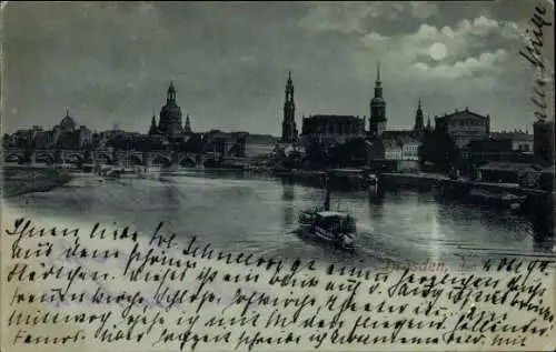 Ak Dresden Altstadt, Dresden Skyline, Elbe, Frauenkirche, Brühlsche Terrasse, Mond
