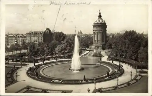 Ak Mannheim in Baden, Friedrichsplatz, Wasser-Turm, Fontäne, Stadtpark