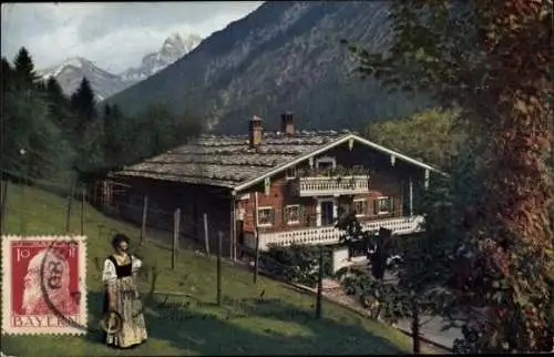 Ak Oberstdorf im Oberallgäu, Berglandschaft, Frau in Tracht