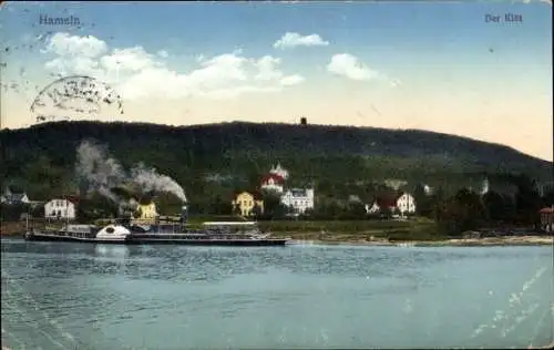 Ak Hameln an der Weser Niedersachsen, Städteansicht, Dampfschiff, Häuser am Wasser, Berg im Hinte