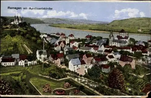 Ak Remagen am Rhein, Stadtansicht von  Apollinariskirche, Rhein, malerische Landschaft