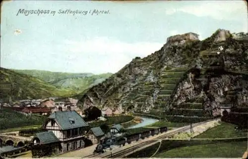 Ak Mayschoß, Blick auf die Stadt mit Saffenburg im Ahrtal