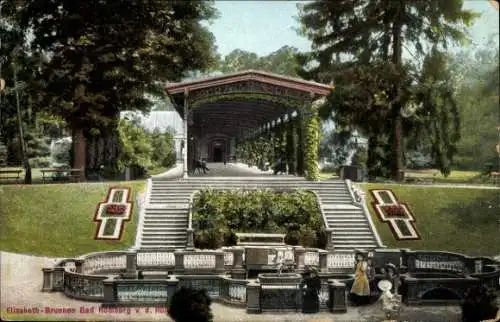 Ak Bad Homburg vor der Höhe Hessen, Elisabeth-Brunnen, Springbrunnen, Treppen, Pergola, Grünanlag