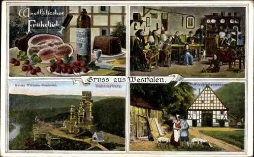 Ak Hiddenhausen in Westfalen, Frühstück, Kaiser Wilhelm-Denkmal, Hohensyburg, ländliche Szene