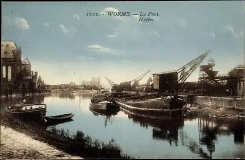 Ak Worms am Rhein,  Hafenansicht, Wasserstraße, Schiffe, Kräne