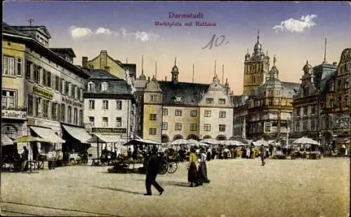 Ak Darmstadt in Hessen, Marktplatz, Rathaus
