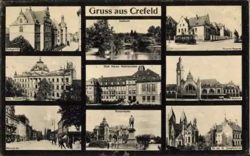 Ak Krefeld am Niederrhein, Stadtansichten, Amtsgericht, Husaren Kaserne, Straßenbahn, Bahnhof