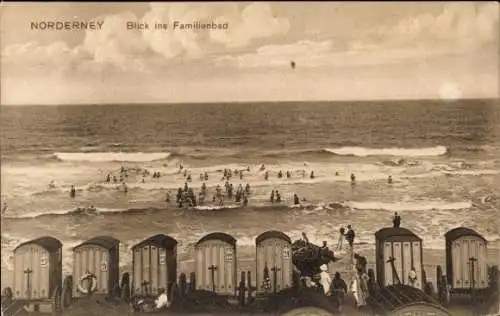 Ak Nordseebad Norderney Ostfriesland, Blick auf Strandleben, Strandkörbe, viele Schwimmer im Wass