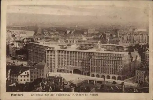 Ak Hamburg, Chilehaus aus der Vogelschau, Architekt Fr. Höger