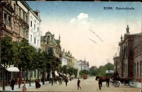 Ak Bonn am Rhein, Vorderansicht der Bahnhofstraße,  Gebäude, Straßenverkehr, Kutschen