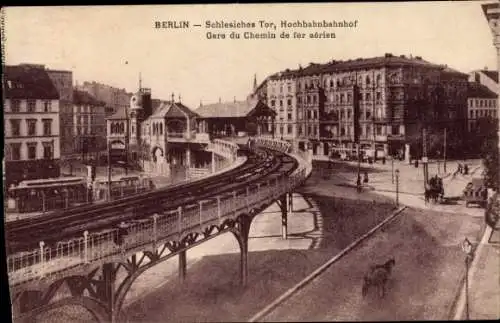 Ak Berlin Kreuzberg , Schlesisches Tor, Hochbahnhof, alte Gebäude, Straßenansicht, Bahnlinie