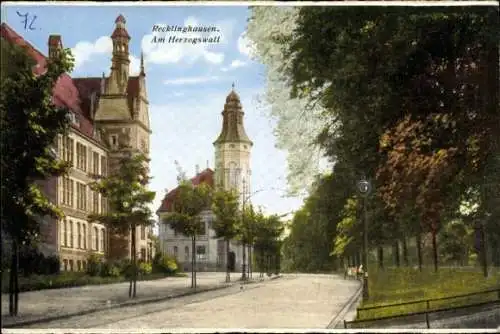 Ak Recklinghausen im Ruhrgebiet, Historische Straße, Gebäude mit Türmen, Parkansicht
