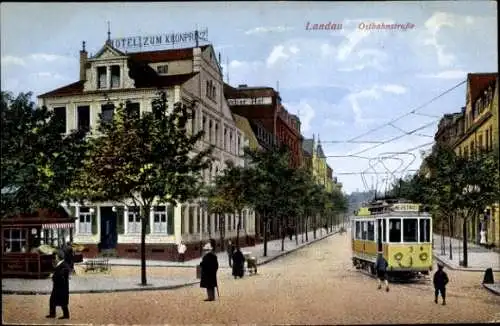 Ak Landau in der Pfalz, Hotel zum Kronprinz, Ostbahnstraße, Straßenbahn