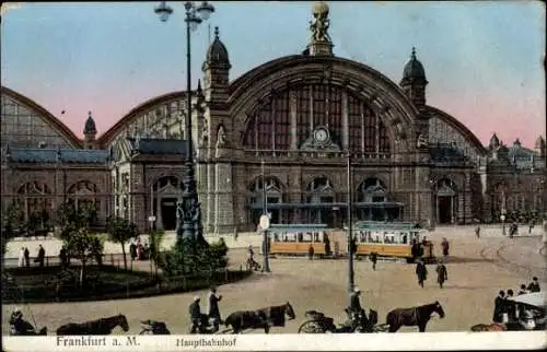 Ak Frankfurt am Main, Hauptbahnhof,  Architektur, Straßenbahn, Menschen und Pferde