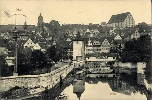 Ak Schwäbisch Hall in Baden Württemberg, Wohnhäuser, Fluss, Kirche, Brücke
