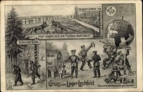 Ak Lagerlechfeld Graben Schwaben, Fliegerhorst Lechfeld,  Sibirien, Fuchs, Globe, Soldaten, Freiz