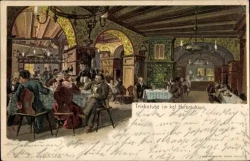 Litho München Bayern, Trinkstube im kgl. Hofbräuhaus