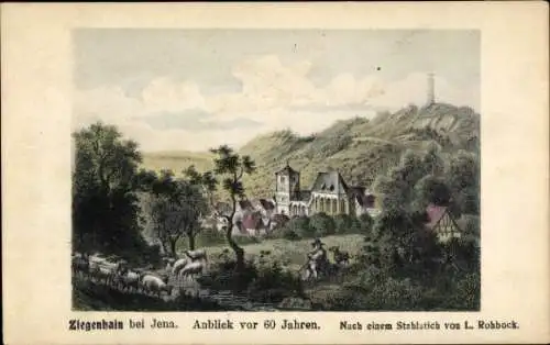 Ak Ziegenhain Jena in Thüringen, Landschaftsbild, Bauernhof, Vieh, Kirchenturm, 60 Jahre alt