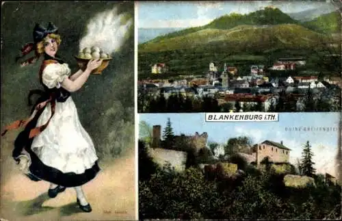 Ak Blankenburg am Harz, Frau mit Eiern,  Ruine Greifenstein, Berglandschaft