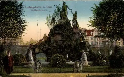 Ak Ludwigshafen am Rhein, Jubiläumsbrunnen, Statue, Parkanlage,  Architektur