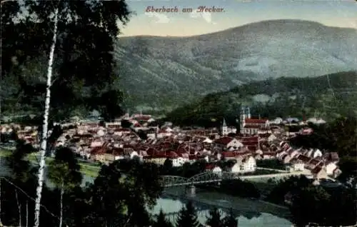 Ak Eberbach am Neckar Odenwald Baden, Stadtansicht, Hügel,  Architektur, Neckarfluss