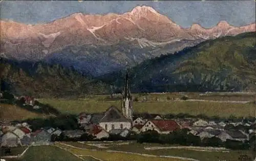 Künstler Ak Garmisch Partenkirchen in Oberbayern, Berglandschaft, Kirche