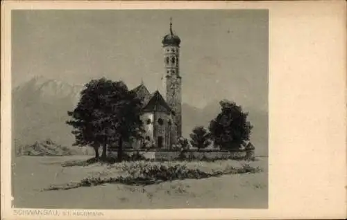 Künstler Ak Neumann, J., Schwangau im Kreis Ostallgäu, Die Kirche St. Kolomann