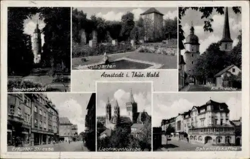 Ak Arnstadt in Thüringen, Neideckturm, Schlossgarten, Am Riedtor, Erfurter Straße, Liebfrauenkirche