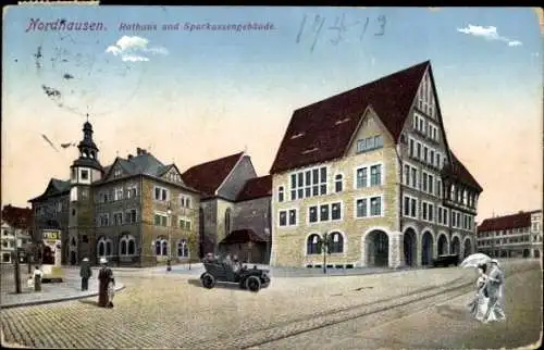 Ak Nordhausen am Harz, Rathaus, Sparkassengebäude, Straßenansicht, Auto, historisch