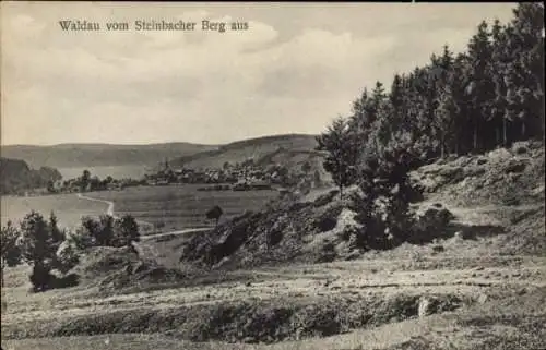 Ak Waldau Bernburg an der Saale, Landschaftsaufnahme, Steinbacher Berg, Wälder, Felder, Dorfansic