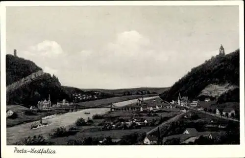 Ak Porta Westfalica an der Weser, Landschaft mit Fluss, Brücke, Gebirge, Häuser, Wolken