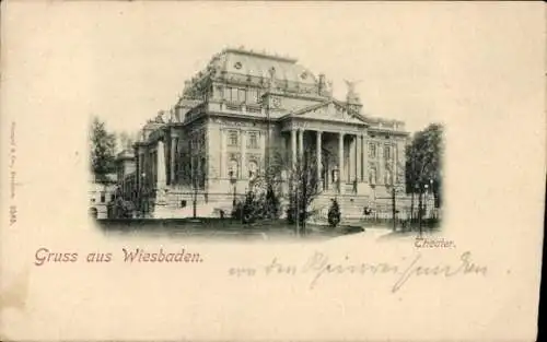 Ak Wiesbaden in Hessen, Historisches Gebäude, "Gruss aus Wiesbaden", Stempel und Adresse auf Rück