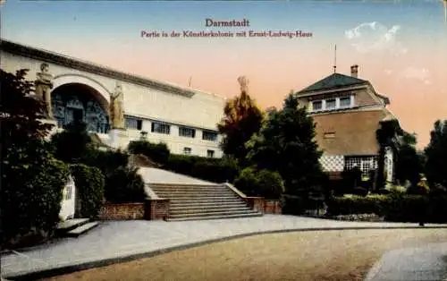 Ak Darmstadt in Hessen, Ernst-Ludwig-Haus, Künstlerkolonie, Treppen, Bäume, hübsche Architektur