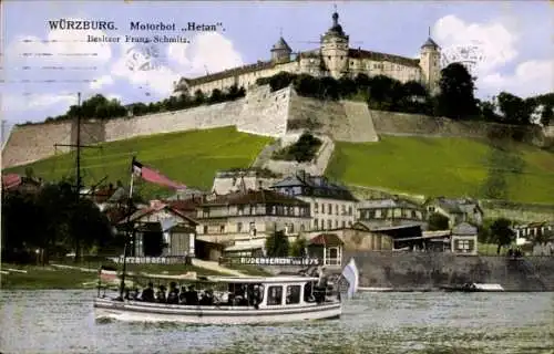 Ak Würzburg am Main Unterfranken, Burg, Motorboot Hetan, Flußlandschaft, Häuser