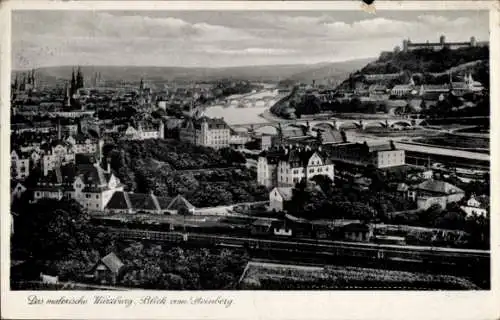 Ak Würzburg am Main Unterfranken, Stadtpanorama vom Steinberg, Gleise